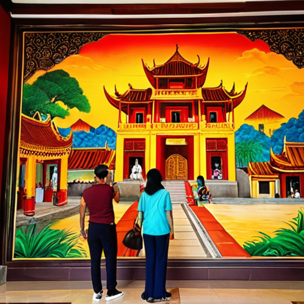 **

A hotel lobby in Hoi An, Vietnam, showcasing a large, vibrant mural depicting traditional Vietnamese culture, using bright colors like red, gold, and green. Tourists are admiring the mural. Soft, warm lighting highlights the artwork.

**