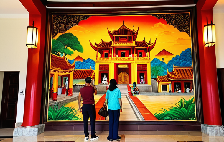 **

A hotel lobby in Hoi An, Vietnam, showcasing a large, vibrant mural depicting traditional Vietnamese culture, using bright colors like red, gold, and green. Tourists are admiring the mural. Soft, warm lighting highlights the artwork.

**