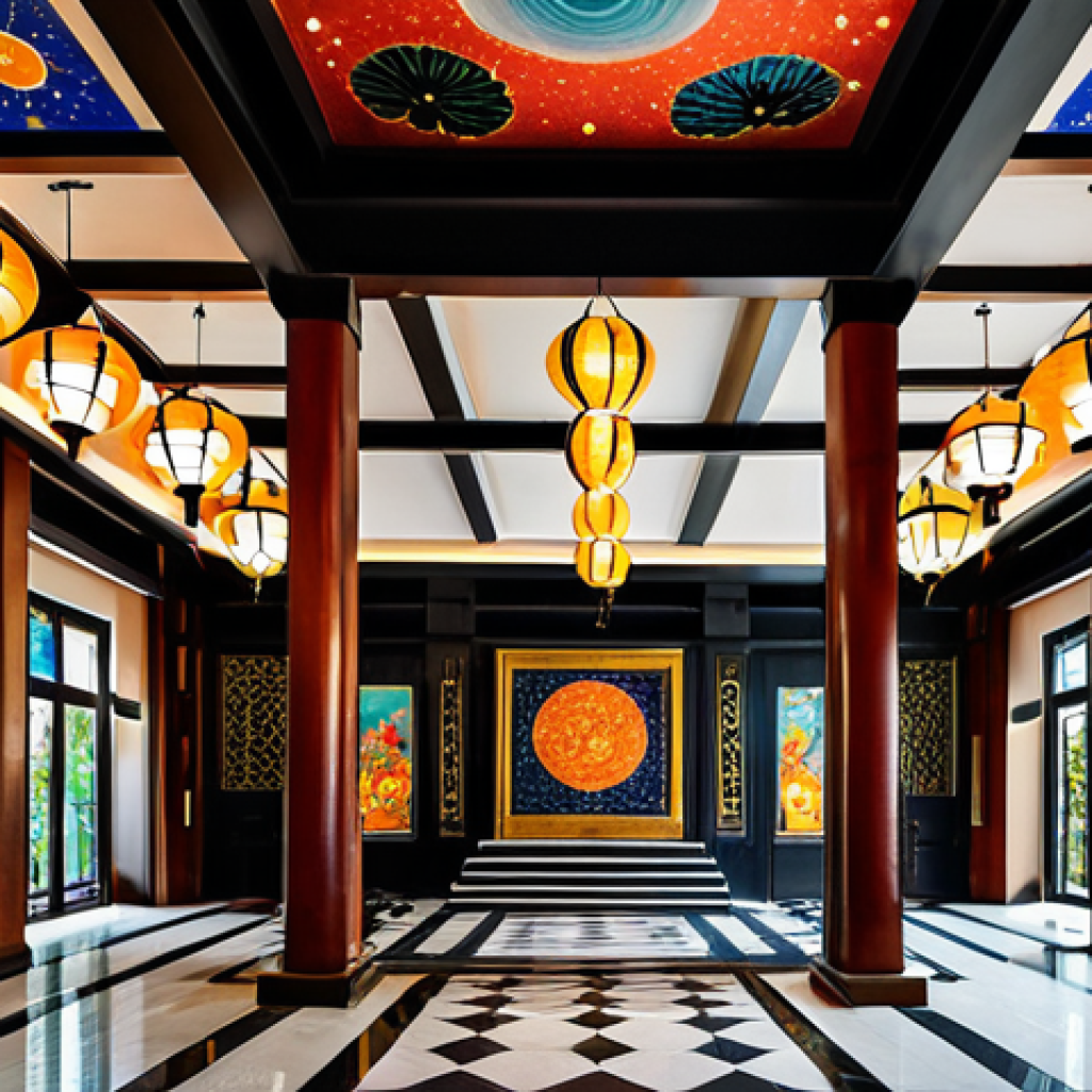 An expansive art hotel lobby designed with unique Vietnamese cultural elements. The high ceiling is adorned with thousands of hand-painted, colorful paper lanterns, arranged like a glittering galaxy, casting a warm, artistic glow. Walls feature contemporary interpretations of traditional Vietnamese lacquer paintings and intricate bronze reliefs, blending heritage with modern design. The space evokes a sense of calm and wonder, showcasing exquisite craftsmanship. Professional photography, high quality, safe for work, appropriate content, fully clothed, modest, perfect anatomy, natural proportions.