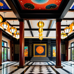 An expansive art hotel lobby designed with unique Vietnamese cultural elements. The high ceiling is adorned with thousands of hand-painted, colorful paper lanterns, arranged like a glittering galaxy, casting a warm, artistic glow. Walls feature contemporary interpretations of traditional Vietnamese lacquer paintings and intricate bronze reliefs, blending heritage with modern design. The space evokes a sense of calm and wonder, showcasing exquisite craftsmanship. Professional photography, high quality, safe for work, appropriate content, fully clothed, modest, perfect anatomy, natural proportions.