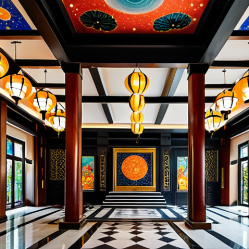 Home 25 An expansive art hotel lobby designed with unique Vietnamese cultural elements. The high ceiling is adorned with thousands of hand-painted, colorful paper lanterns, arranged like a glittering galaxy, casting a warm, artistic glow. Walls feature contemporary interpretations of traditional Vietnamese lacquer paintings and intricate bronze reliefs, blending heritage with modern design. The space evokes a sense of calm and wonder, showcasing exquisite craftsmanship. Professional photography, high quality, safe for work, appropriate content, fully clothed, modest, perfect anatomy, natural proportions.