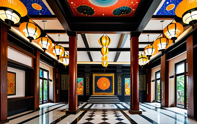 An expansive art hotel lobby designed with unique Vietnamese cultural elements. The high ceiling is adorned with thousands of hand-painted, colorful paper lanterns, arranged like a glittering galaxy, casting a warm, artistic glow. Walls feature contemporary interpretations of traditional Vietnamese lacquer paintings and intricate bronze reliefs, blending heritage with modern design. The space evokes a sense of calm and wonder, showcasing exquisite craftsmanship. Professional photography, high quality, safe for work, appropriate content, fully clothed, modest, perfect anatomy, natural proportions.