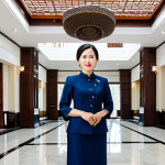 A professional adult woman, fully clothed in a modest, elegant business dress, stands in the sunlit lobby of a luxurious art hotel in Vietnam. The lobby features exquisite handcrafted Bat Trang ceramic installations and intricate dark wood carvings, reflecting Vietnamese cultural heritage. Natural light streams from a large skylight, highlighting the textured walls made of local stone. The scene conveys a sense of calm elegance and artistic inspiration. Perfect anatomy, correct proportions, natural pose, well-formed hands, proper finger count, natural body proportions. Professional photography, high quality, sharp focus, vibrant colors, appropriate attire, safe for work, appropriate content, fully clothed, modest, family-friendly.