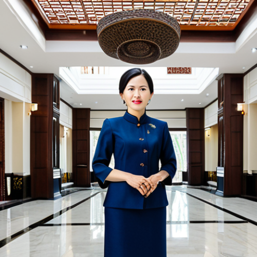 Home 24 A professional adult woman, fully clothed in a modest, elegant business dress, stands in the sunlit lobby of a luxurious art hotel in Vietnam. The lobby features exquisite handcrafted Bat Trang ceramic installations and intricate dark wood carvings, reflecting Vietnamese cultural heritage. Natural light streams from a large skylight, highlighting the textured walls made of local stone. The scene conveys a sense of calm elegance and artistic inspiration. Perfect anatomy, correct proportions, natural pose, well-formed hands, proper finger count, natural body proportions. Professional photography, high quality, sharp focus, vibrant colors, appropriate attire, safe for work, appropriate content, fully clothed, modest, family-friendly.