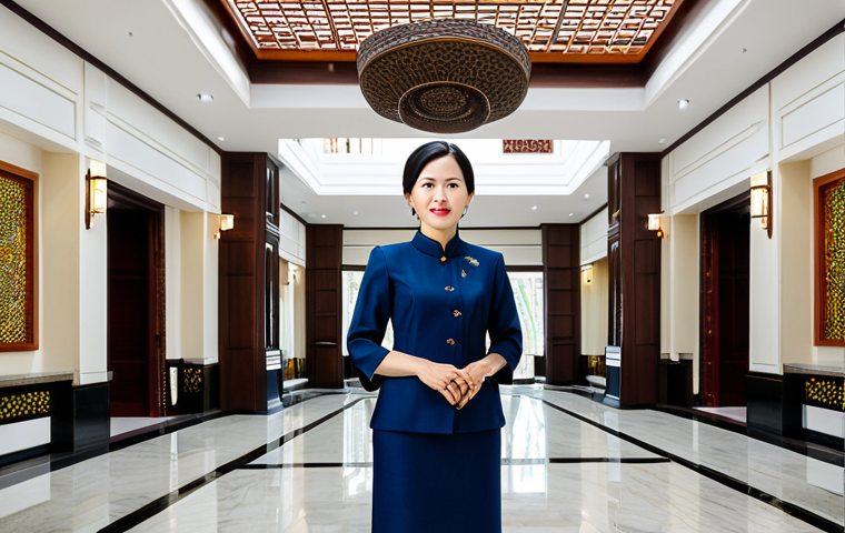 A professional adult woman, fully clothed in a modest, elegant business dress, stands in the sunlit lobby of a luxurious art hotel in Vietnam. The lobby features exquisite handcrafted Bat Trang ceramic installations and intricate dark wood carvings, reflecting Vietnamese cultural heritage. Natural light streams from a large skylight, highlighting the textured walls made of local stone. The scene conveys a sense of calm elegance and artistic inspiration. Perfect anatomy, correct proportions, natural pose, well-formed hands, proper finger count, natural body proportions. Professional photography, high quality, sharp focus, vibrant colors, appropriate attire, safe for work, appropriate content, fully clothed, modest, family-friendly.