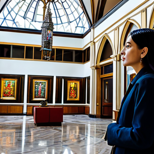 Home 23 **
"A well-dressed woman, fully clothed in modest attire, admires artwork in a brightly lit art hotel lobby. Various paintings and sculptures are displayed around her. The architecture features unique Gothic elements like high ceilings and stained glass. Professional photography, perfect anatomy, safe for work, appropriate content, family-friendly."
**