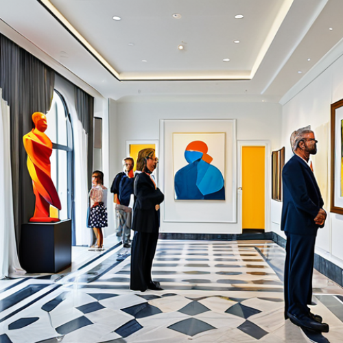 Home 12 Art Hotel Lobby**
"A bright and airy art hotel lobby, featuring modern sculptures and vibrant paintings, fully clothed guests admiring the art, professional, safe for work, appropriate content, perfect anatomy, correct proportions, natural pose, high quality, well-lit, modest decor, family-friendly"
**